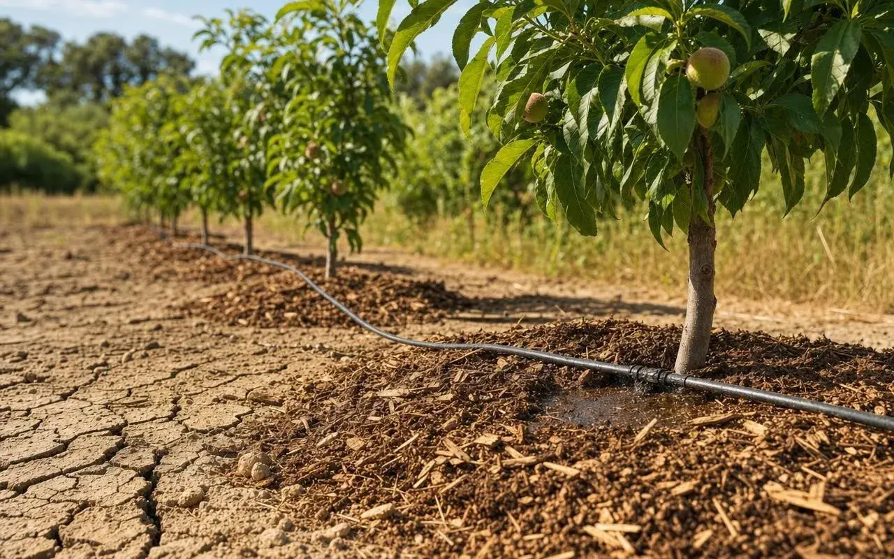 Ligne de jeunes pruniers en culture irriguée, avec des fruits naissants sur l'arbre le plus proche.