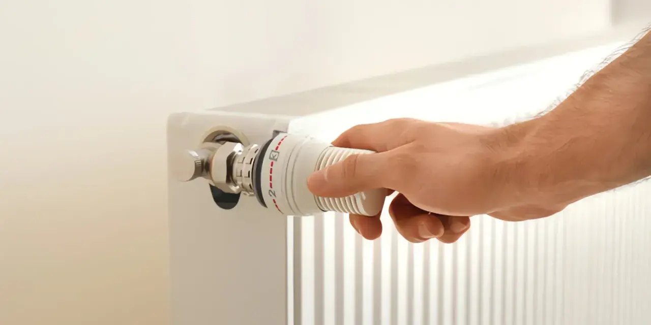 Hand dreht am Thermostatventil eines Heizkörpers. Die Markierungen zeigen eine Einstellung zwischen 2 und 3. Möglicherweise ist der Thermostat defekt.