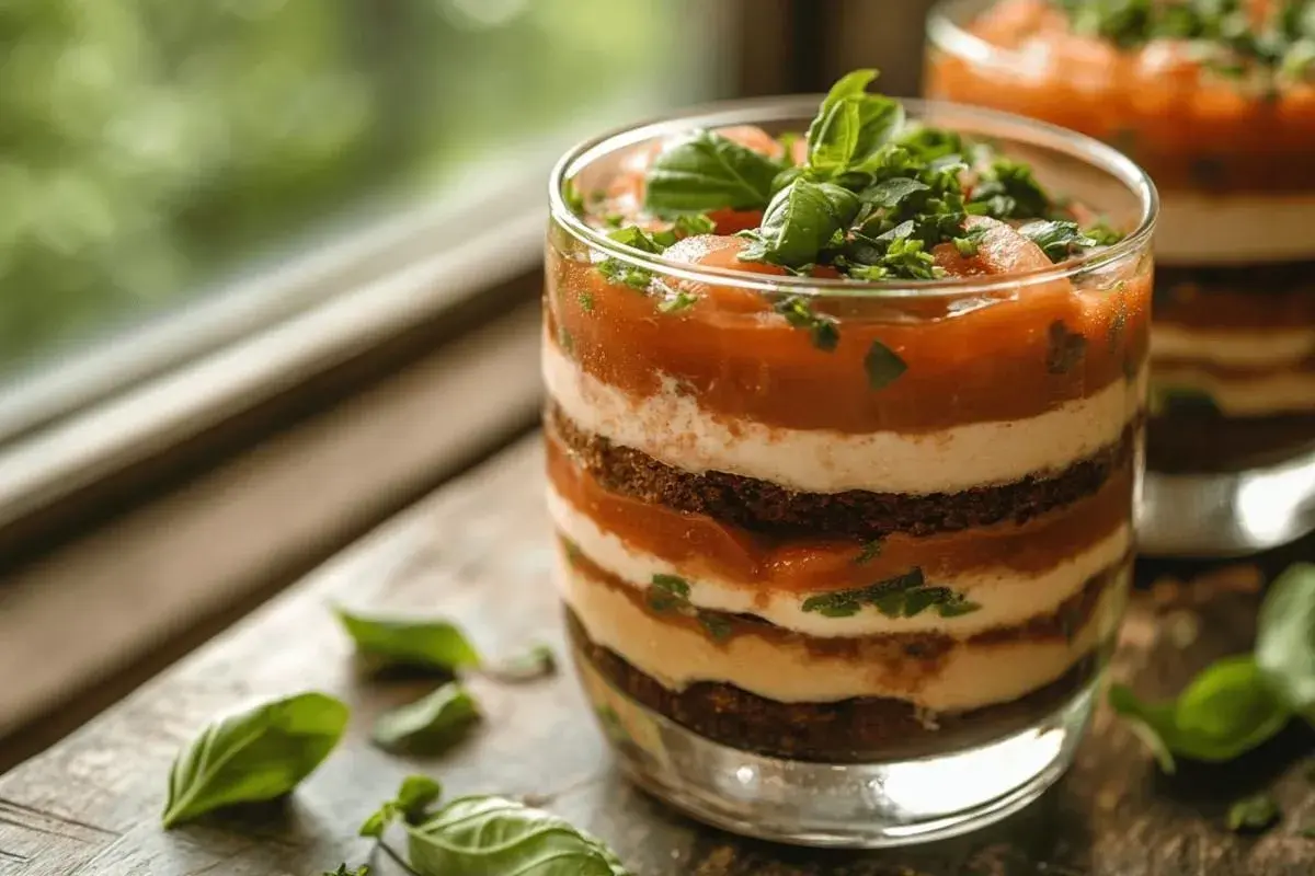 Un tiramisu salé gastronomique en couches, garni de basilic frais. Une création culinaire audacieuse et savoureuse.