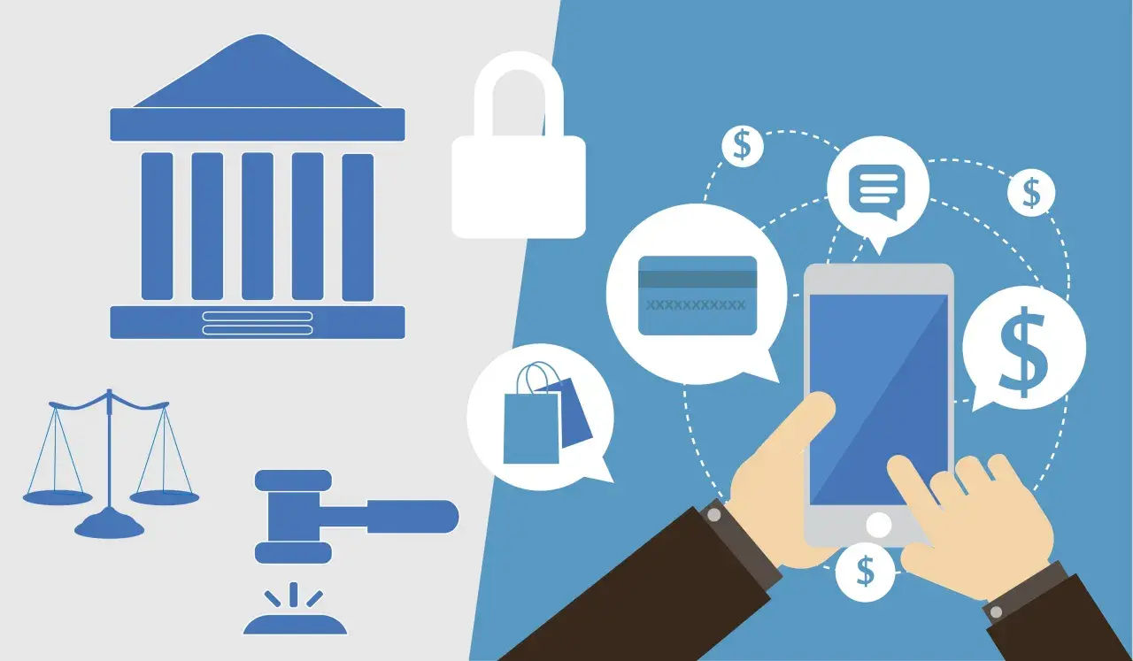 Ilustración de elementos legales y financieros: balanza, mazo, candado, banco, tarjeta de crédito, bolsas de compra y smartphone. Claves para los requisitos legales para abrir una tienda online.