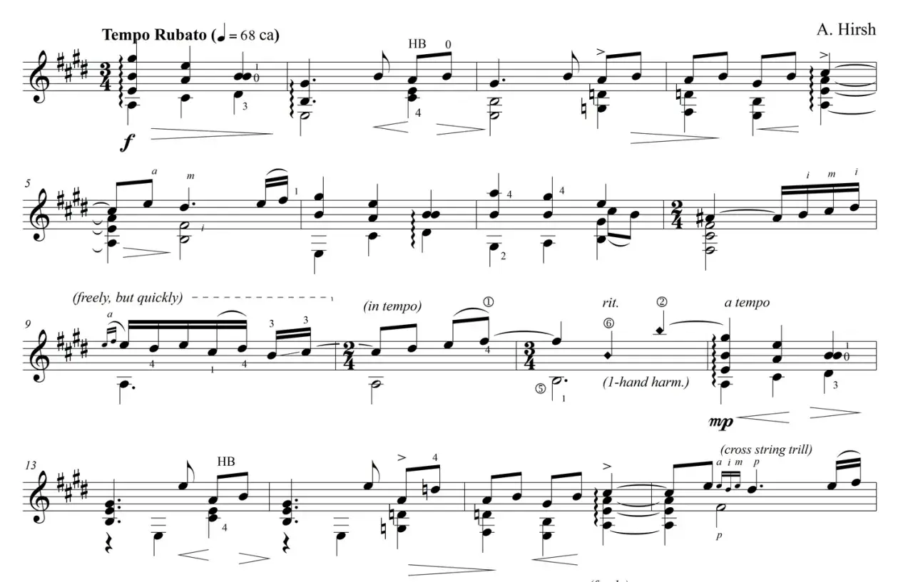 Fragment partytury z oznaczeniem "Tempo Rubato", wskazujący na swobodę wykonania.