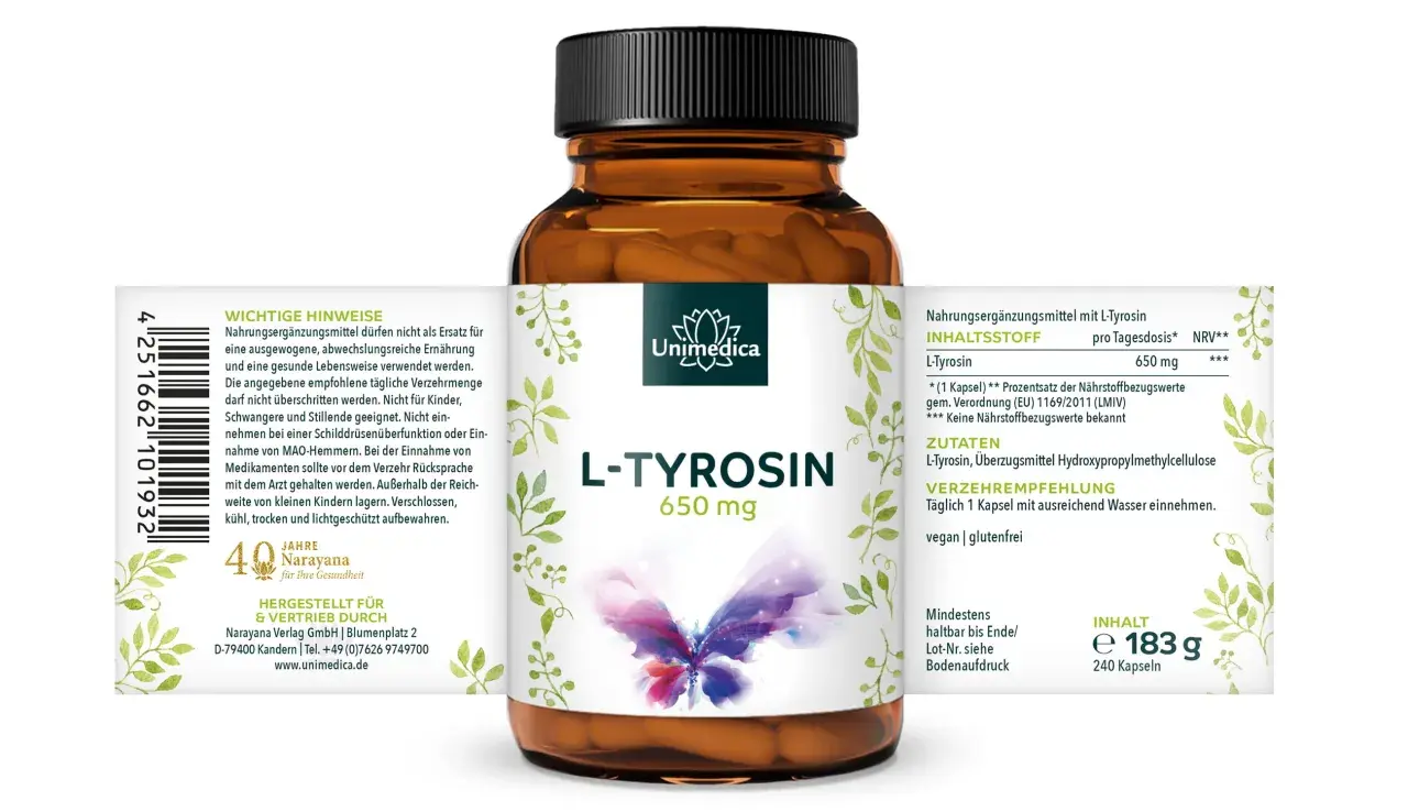 Flasche mit L-Tyrosin 650 mg Kapseln von Unimedica. Enthält L-Tyrosin für Ihre Gesundheit.