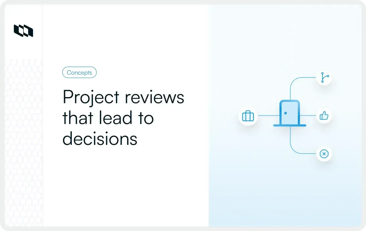 The purpose of project reviews is to define the process for achieving a positive outcome. Icons show a door, briefcase, thumbs up, and X.