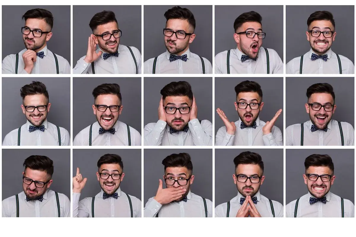 Kolaż zdjęć mężczyzny w okularach i muszce, pokazujący różne reakcje. Jak nie okazywać emocji na twarzy? Tutaj jest kilka przykładów.