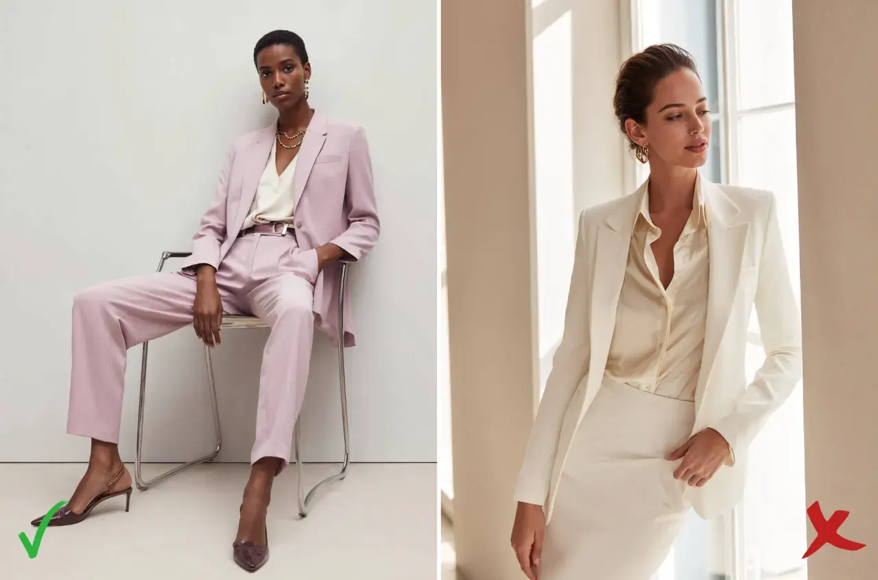 Zwei Frauen in eleganten Hosenanzügen. Links eine Frau in zartrosa, rechts eine in weiß. Perfekt für eine casual chic hochzeit.