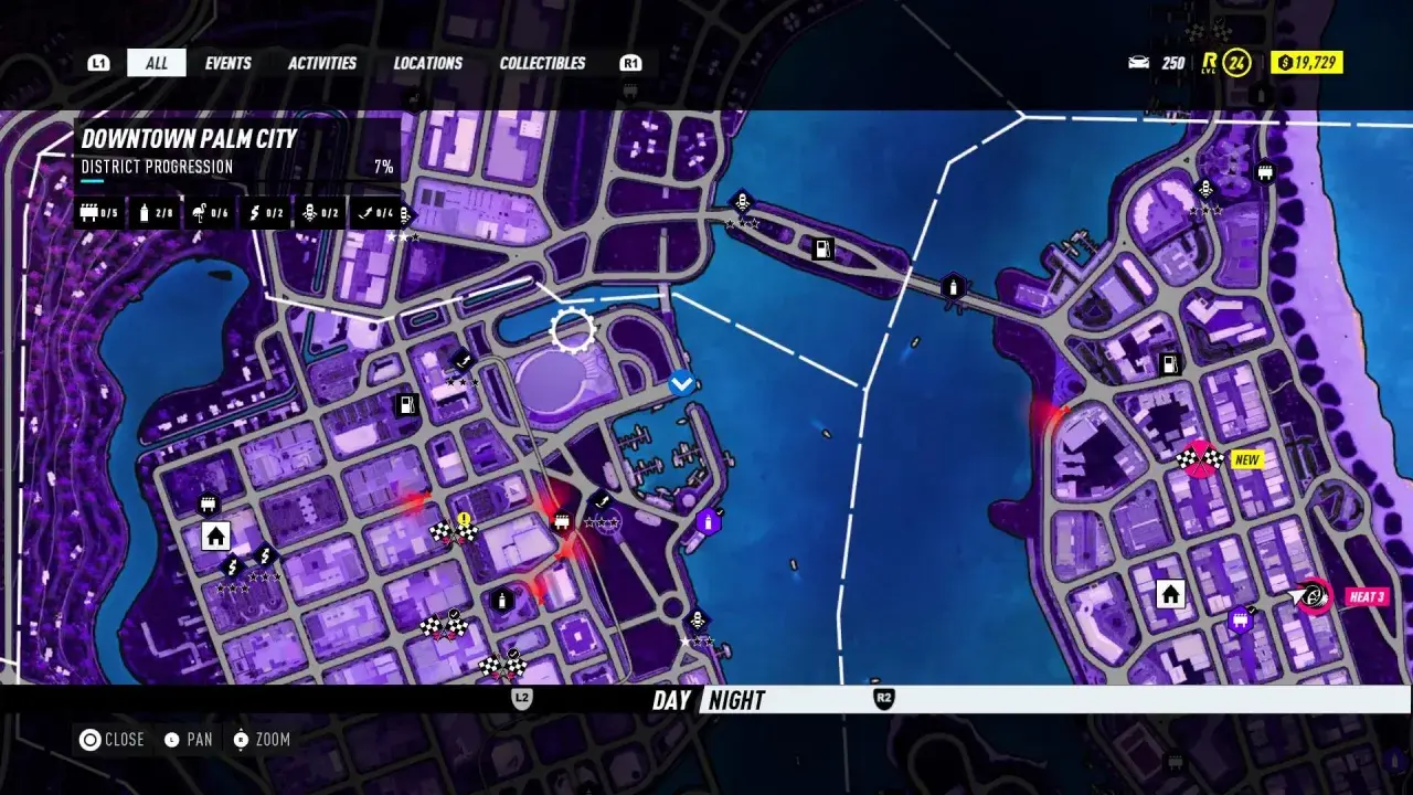 Mapa Downtown Palm City z gry NFS Heat. Szukasz sposobu, jak uciec policji? Zwróć uwagę na oznaczenia na mapie, które pomogą Ci w tej misji.