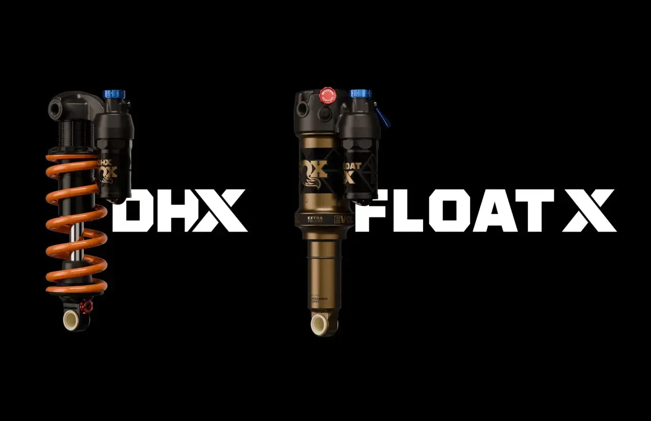 Two Fox bike suspension shocks, a coil DHX and an air FLOAT X, are displayed against a black background.