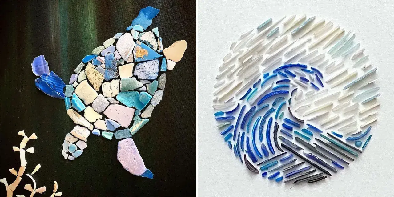 Found object art: a mosaic turtle on a dark background and a circular wave made of broken glass pieces.