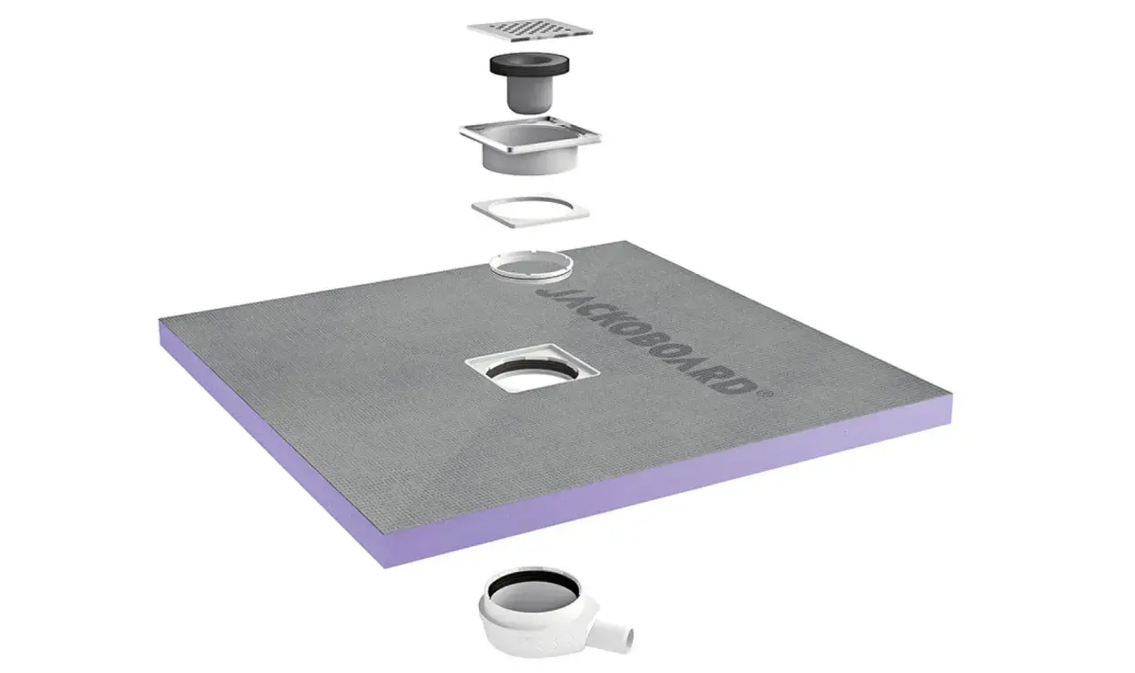 Composants d'un receveur à carreler Jackoboard, prêts pour une installation facile et une douche moderne.