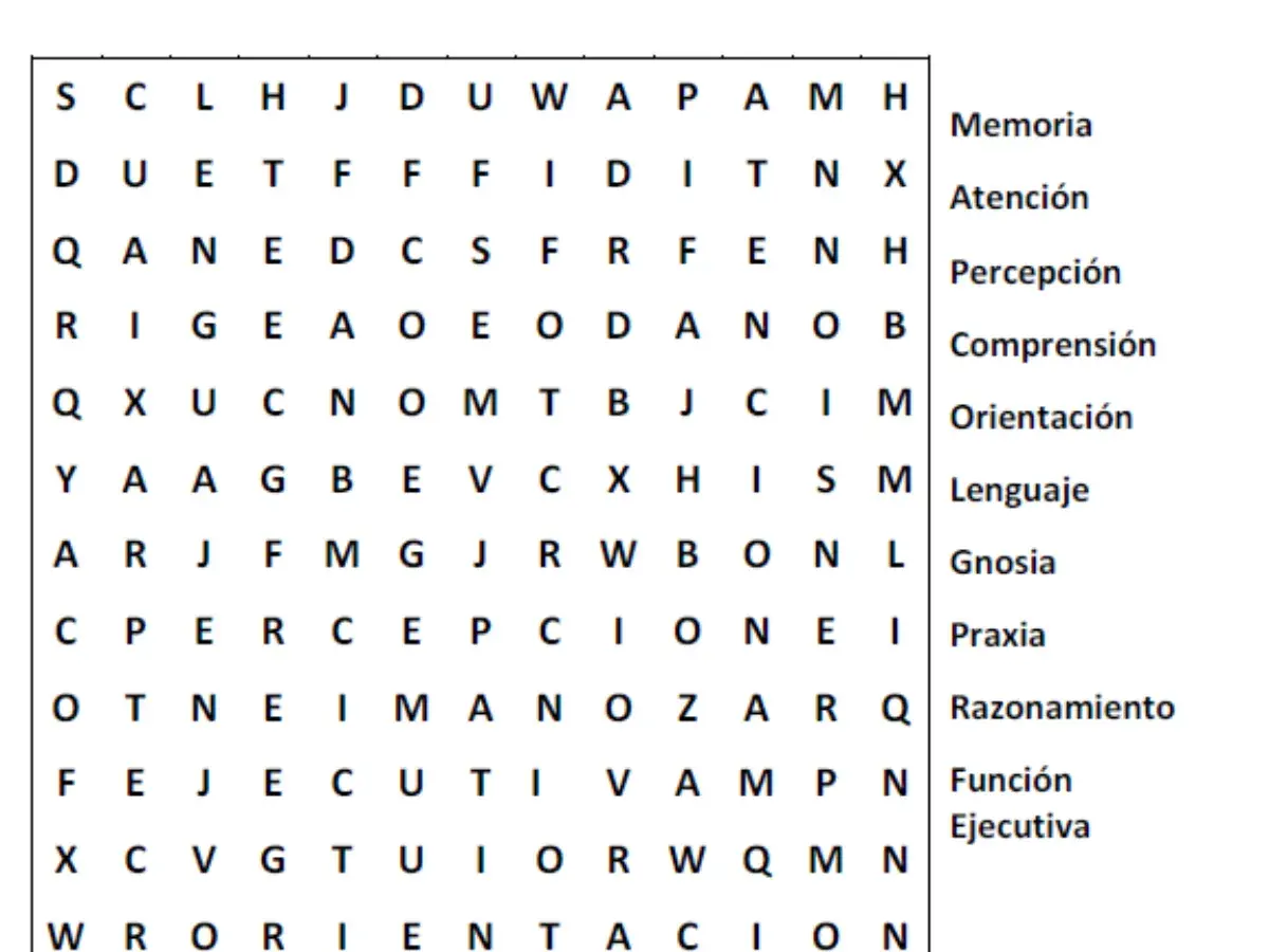 Una sopa de letras con términos cognitivos como "Memoria", "Atención" y "Lenguaje".