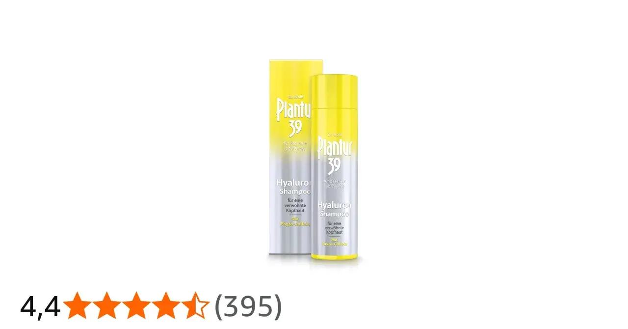 Två flaskor Plantur 39 Hyaluron Shampoo, för hår från 40 år. Ingen information om plantur 39 biverkningar syns.