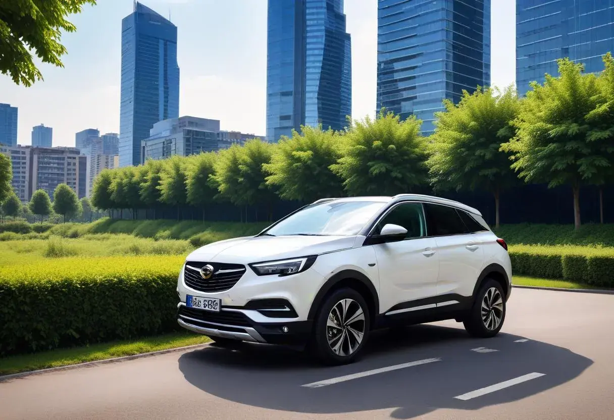 Vit Opel Grandland står parkerad vid en grönskande allé med skyskrapor i bakgrunden. Kanske ett problem med bilen?