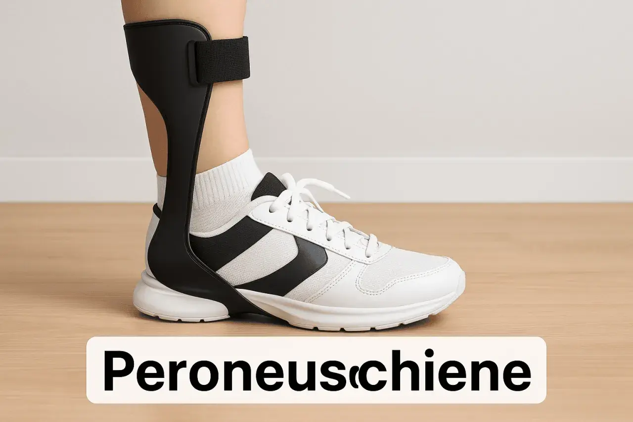 Ein Bein mit einer Peroneusschiene und weißem Schuh für einen sicheren Gang.