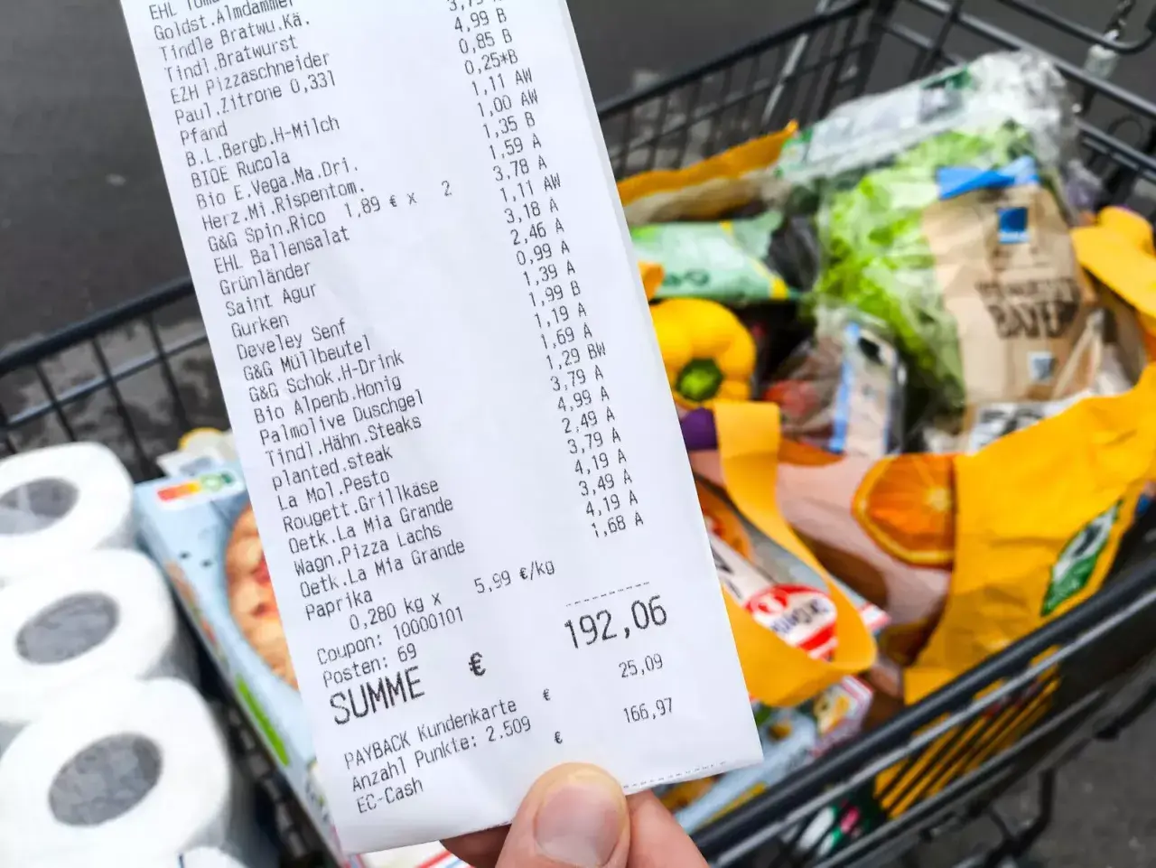 Kassenbon mit vielen Produkten, Einkaufswagen im Hintergrund. Die Digitalisierung im Handel wird durch solche Belege und die Möglichkeit zur digitalen Erfassung von Einkäufen sichtbar.