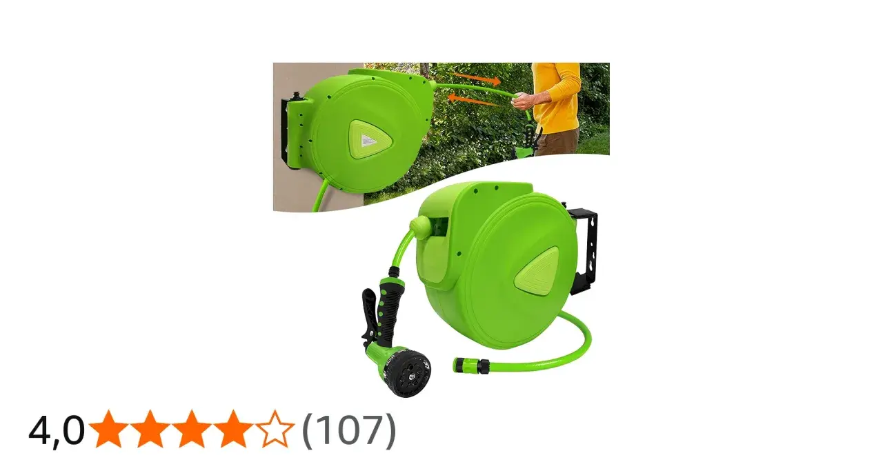 Grüner schlauchaufroller 30 meter mit Sprühpistole, ideal für den Garten.