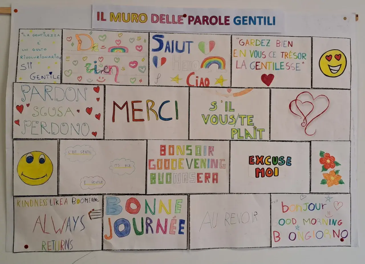 Il muro delle parole gentili: "La gentilezza è un gesto rivoluzionario". Frasi gentili in inglese e altre lingue celebrano la cortesia.