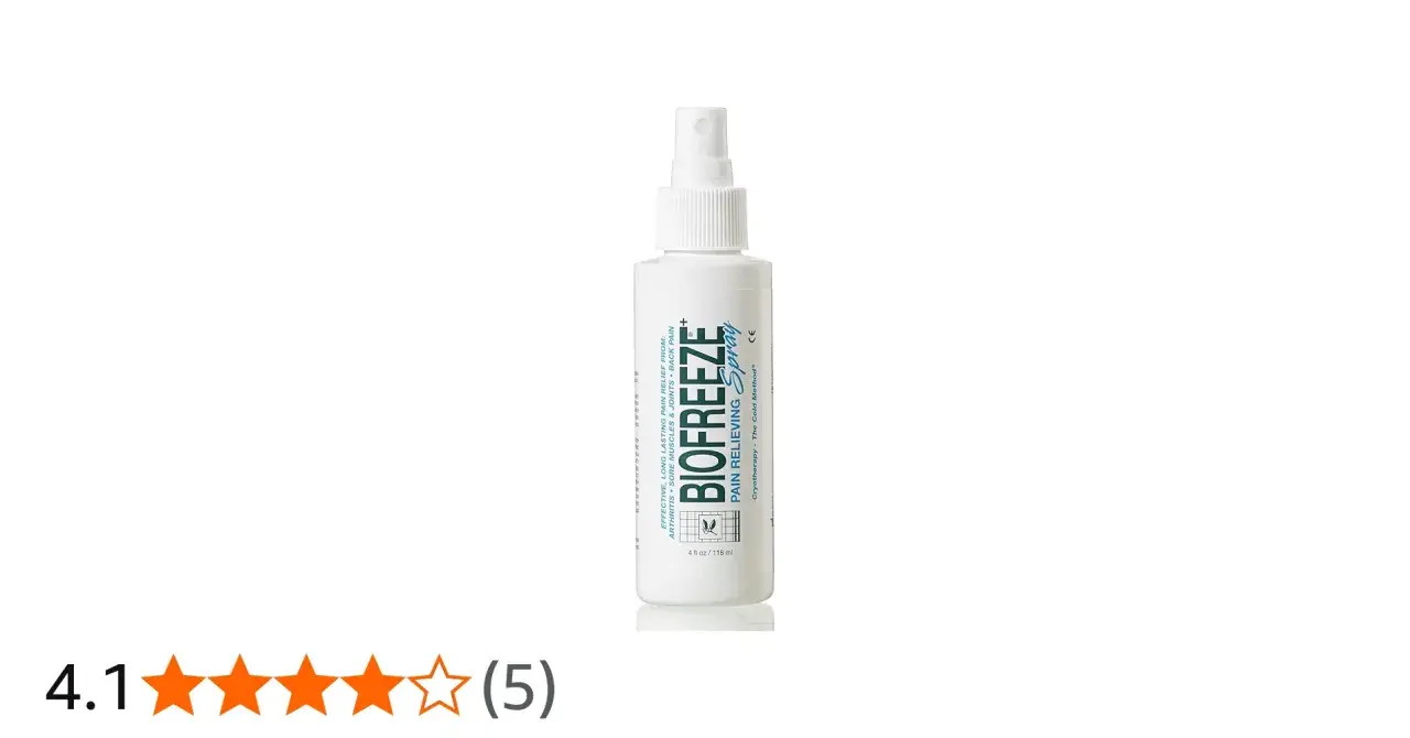Biała butelka z atomizerem Biofreeze Spray, zapewniająca ulgę w bólu mięśni i stawów.