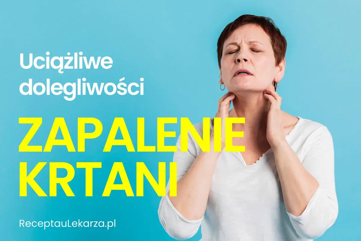 Kobieta z zamkniętymi oczami i rękami na szyi, cierpiąca na uciążliwe dolegliwości, zapalenie krtani.