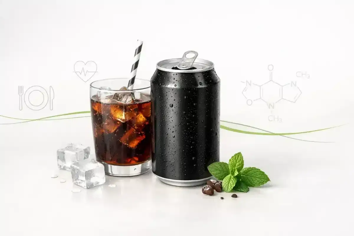 Czy cola zero jest zdrowa? Na zdjęciu puszka i szklanka z napojem, kostki lodu, mięta i wzory chemiczne.