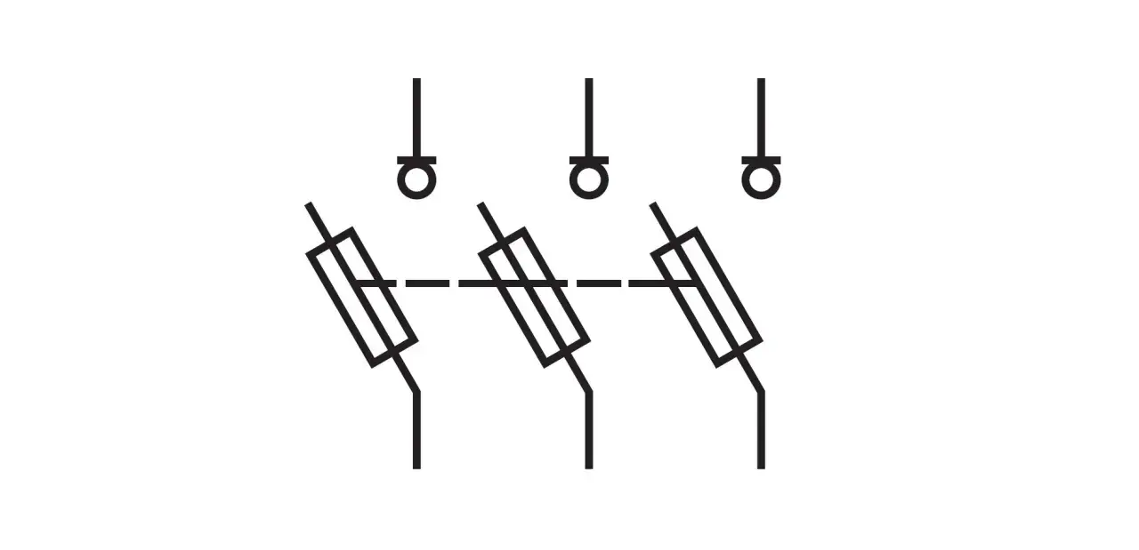 Schemat elektryczny z trzema bezpiecznikami, każdy z okręgiem i linią. Symbol RBK.