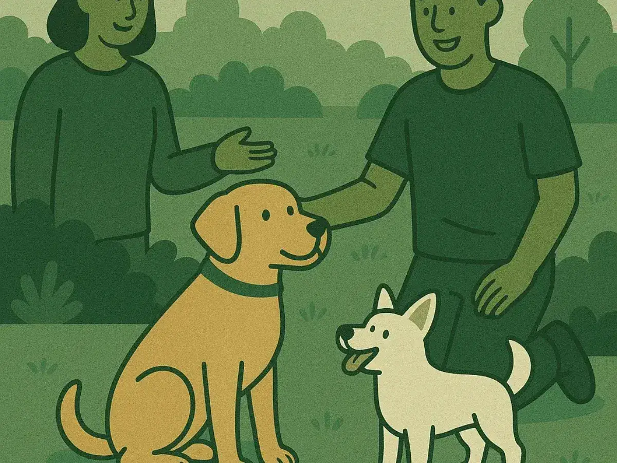 Dwa psy i ich opiekunowie cieszą się wspólnym czasem na trawie. To idealna scena do nauki socjalizacji psa, gdzie czworonogi poznają siebie nawzajem.