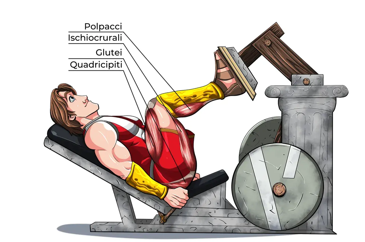 Uomo in stile anime esegue leg press, evidenziando i quadricipiti, glutei e ischiocrurali.