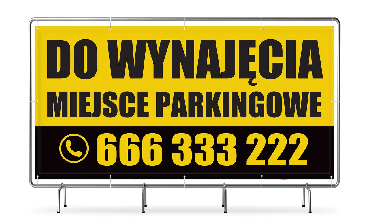 Baner informuje: "DO WYNAJĘCIA MIEJSCE PARKINGOWE". Zastanawiasz się, ile kosztuje wynajem miejsca postojowego w garażu podziemnym? Zadzwoń: 666 333 222.