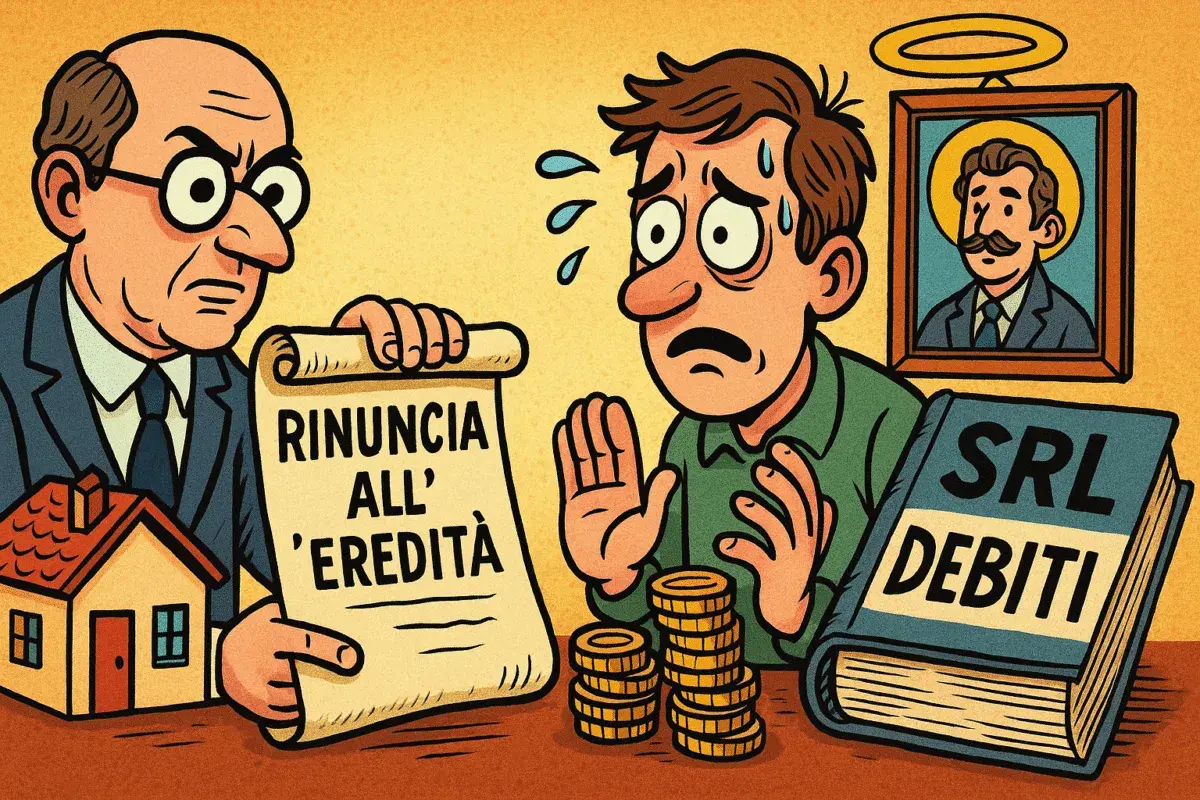 Uomo preoccupato davanti a un documento di rinuncia parziale eredità, con una casa, monete e un libro "SRL Debiti".