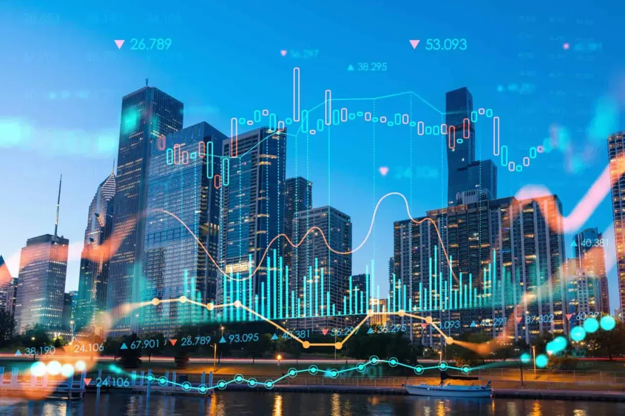 Blick auf eine Skyline mit Finanzdiagrammen, die iShares Emerging Markets widerspiegeln.