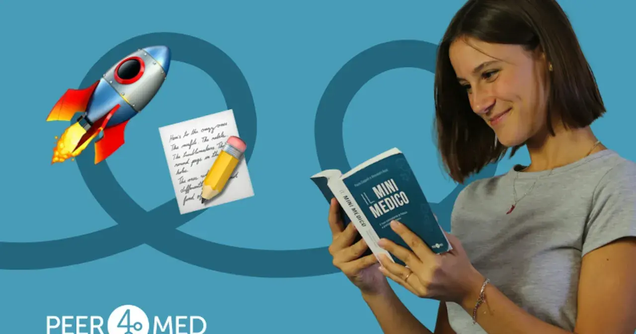 Giovane legge "Il Mini Medico", un libro che apre le porte alle **specializzazioni dopo medicina**. Un razzo simboleggia il decollo della carriera.