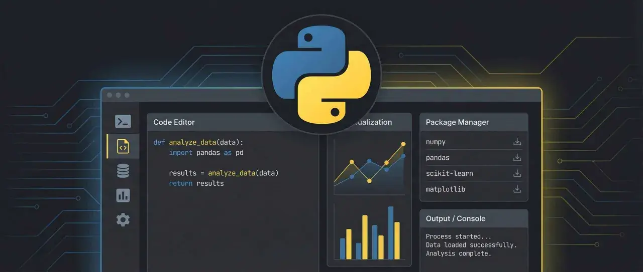 Interface de développement pour le **comment python** avec un éditeur de code, des graphiques et un gestionnaire de paquets.