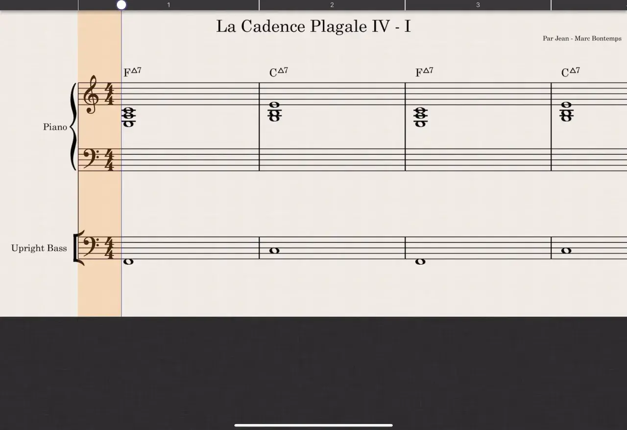 Partition de piano et basse pour "La Cadence Plagale IV - I". Les accords FΔ7 et CΔ7 sont indiqués.