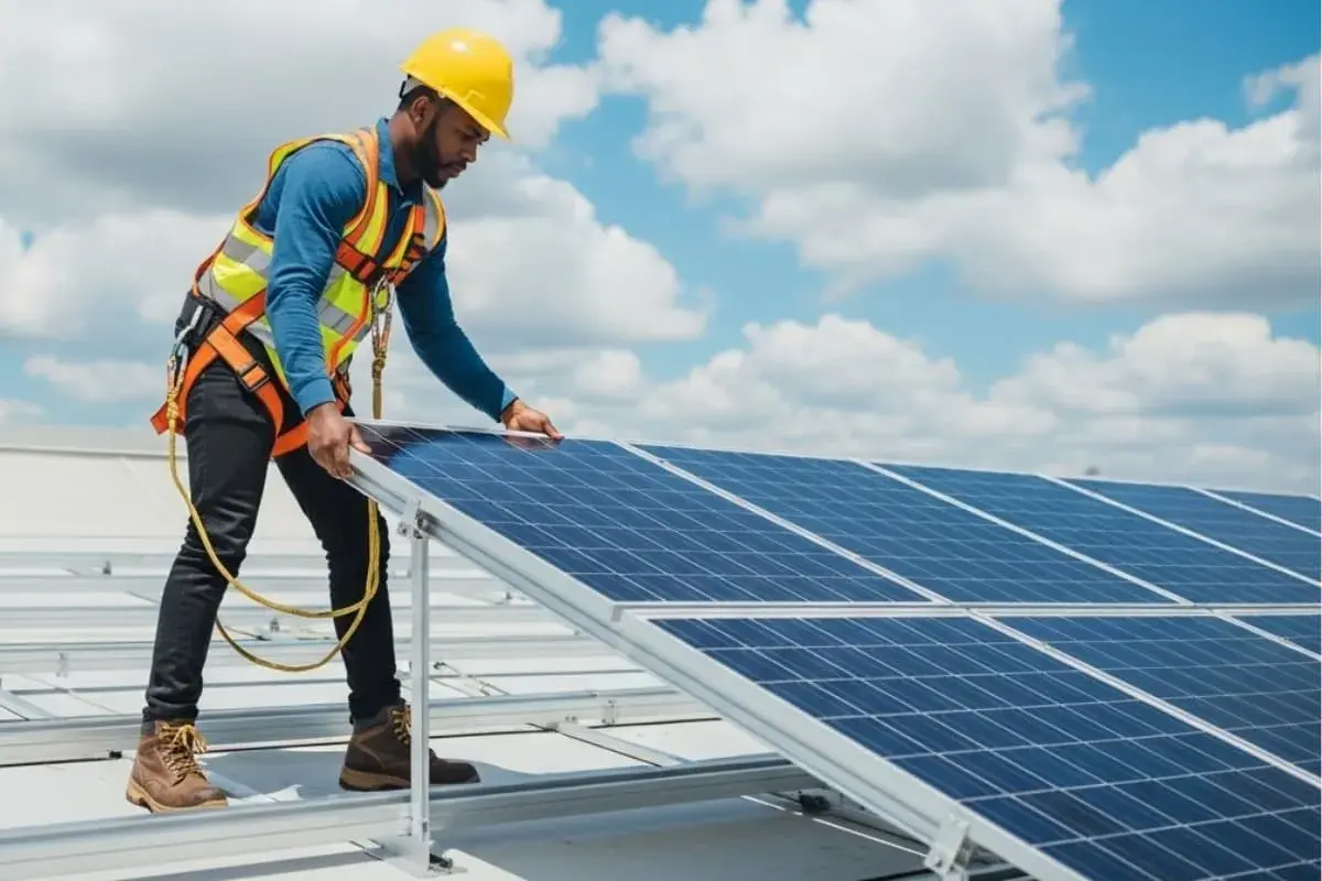 Técnico instala placas solares en casa de campo, asegurando energía limpia bajo un cielo azul con nubes.