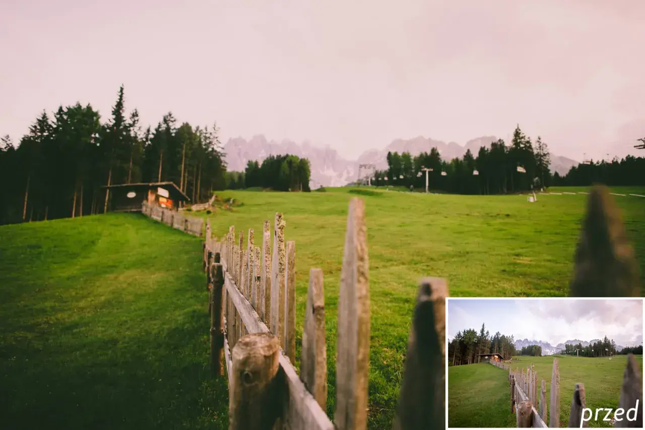 Darmowe presety Lightroom ożywiają krajobraz z drewnianym płotem i chatką w górach.
