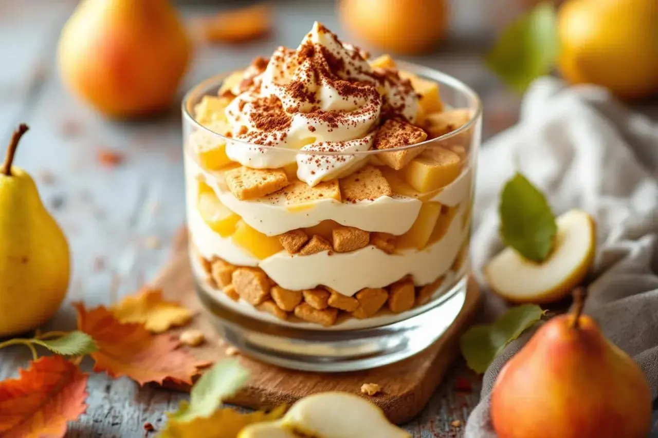 Un délicieux tiramisu poire en verrine, avec des couches de crème, de biscuits et de fruits, saupoudré de cacao.