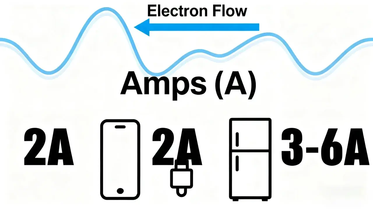 Onda de flujo de electrones. Amperios (A) para un teléfono (2A), un cargador (2A) y un refrigerador (3-6A).
