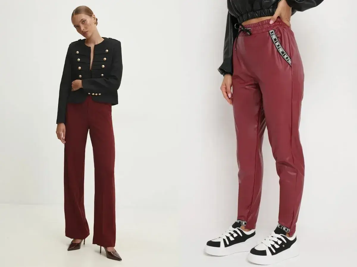 Dwie stylizacje z bordowymi spodniami: eleganckie z marynarką w stylu militarnym i sportowe z czarną kurtką i sneakersami.