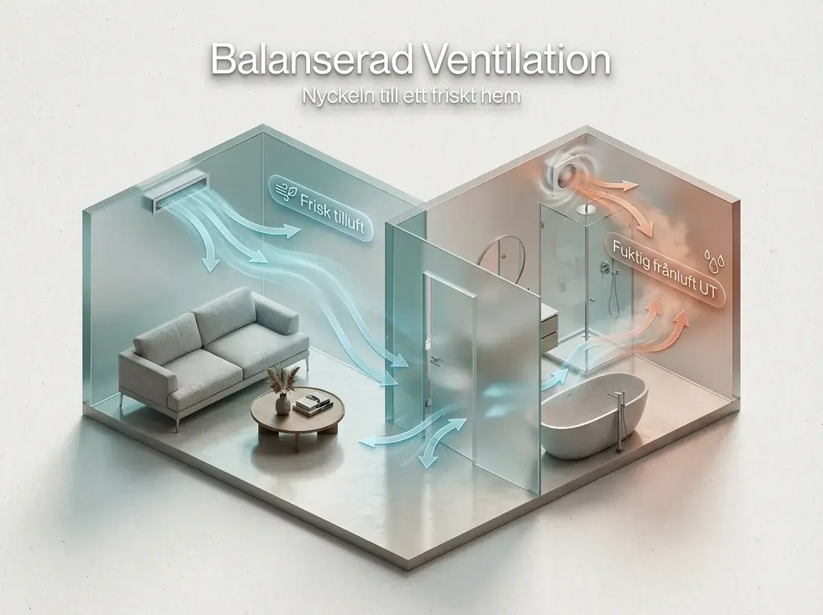 Illustration visar balanserad ventilation i ett hem. Frisk luft tillförs till vardagsrummet, medan fuktig luft från badrummet ventileras ut.
