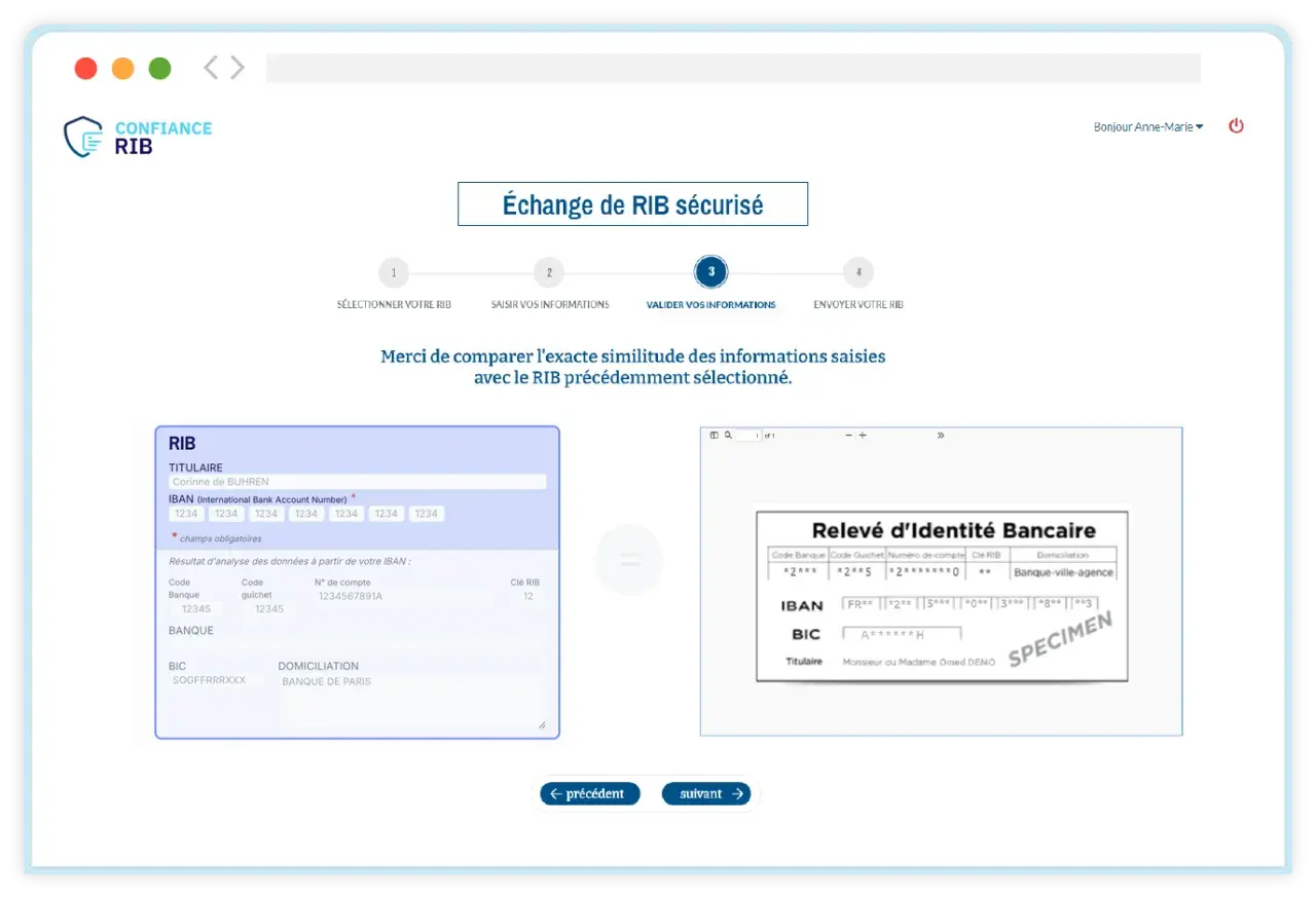 Interface pour comparer les informations d'un RIB avant de savoir comment envoyer un RIB par mail.