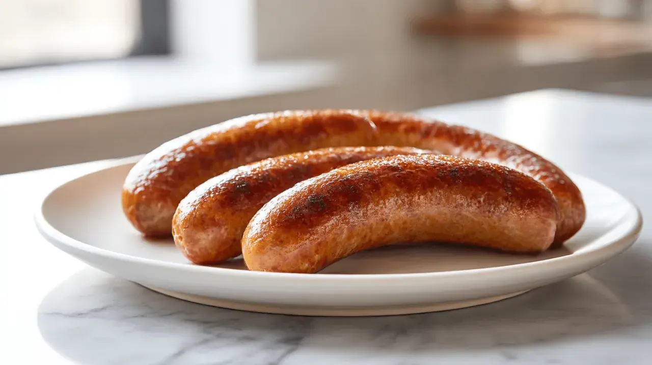 Drei goldbraun gebratene Salsiccia-Würste liegen auf einem weißen Teller. So kann man Salsiccia kochen!