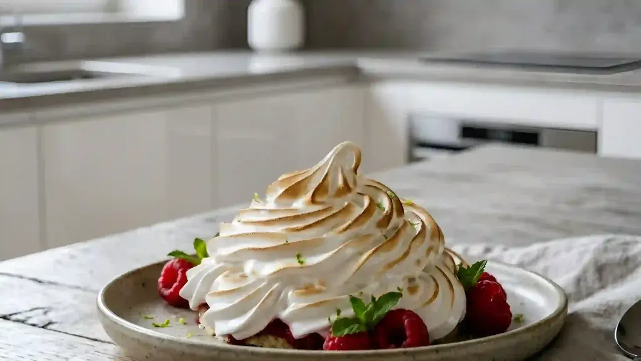 Un dessert aérien avec une meringue italienne dorée, des framboises fraîches et des feuilles de menthe sur une assiette.