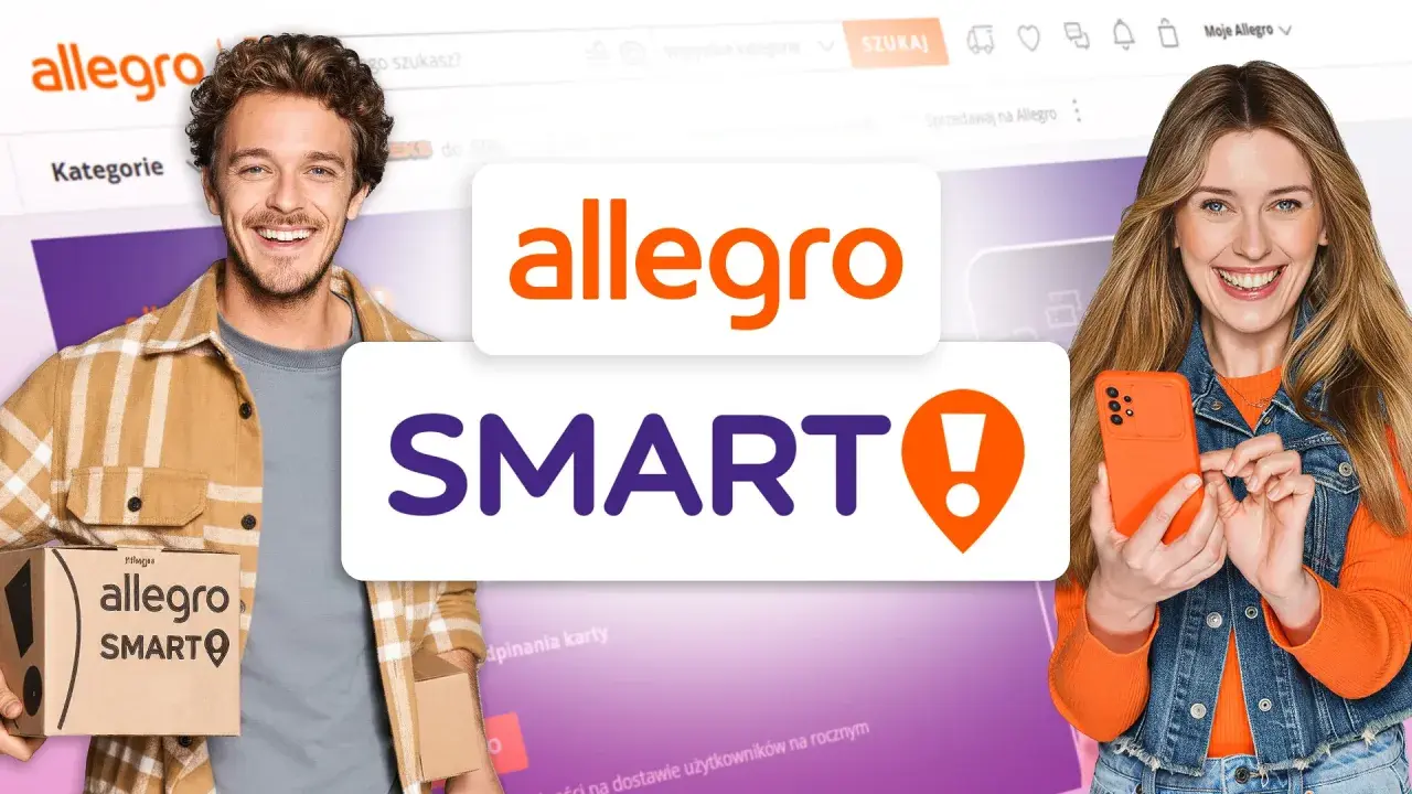 Uśmiechnięci ludzie z paczką i telefonem, logo Allegro Smart. Dowiedz się, allegro smart co to jest i jakie korzyści daje.