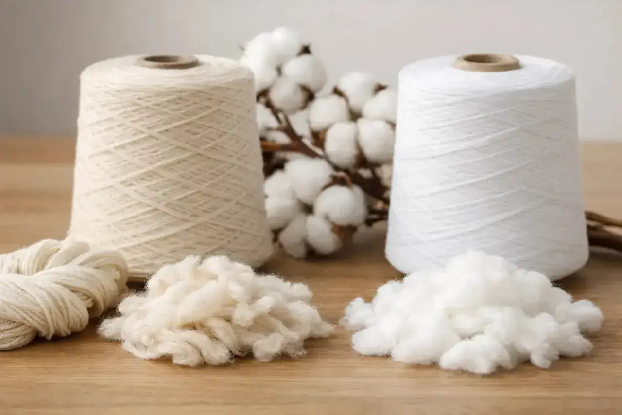 Deux cônes de fil de coton ring spun, de la bourre de coton et des capsules de coton sur une table en bois.