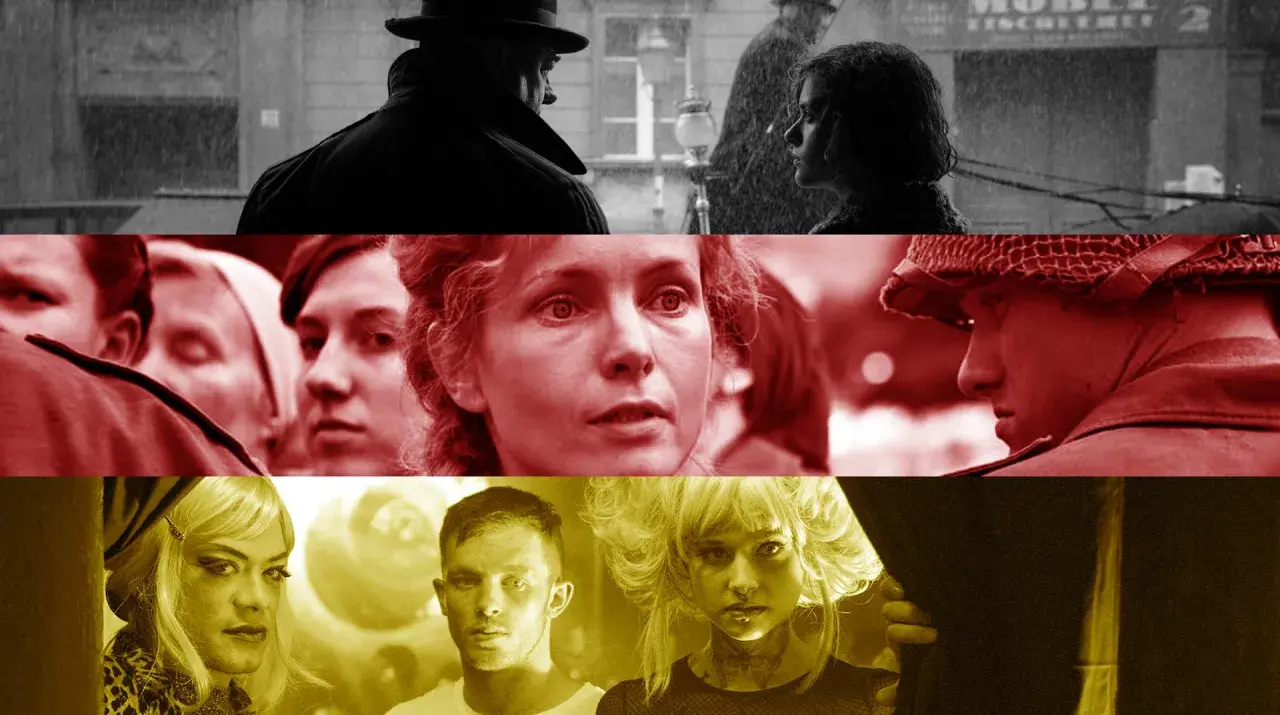 Collage av scener från en tysk serie på SVT. Män och kvinnor i olika miljöer, från regniga gator till närbilder av ansikten.