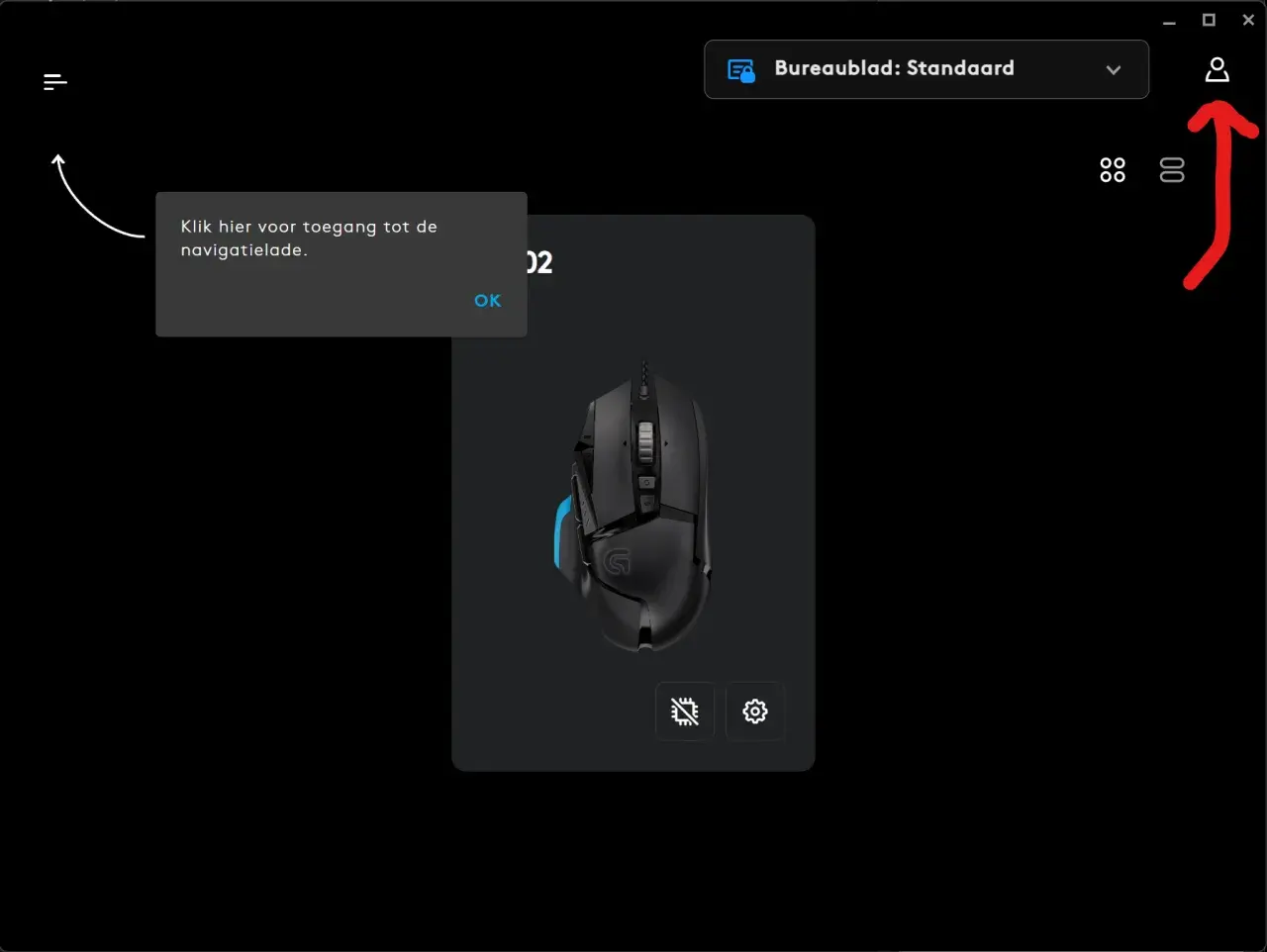 Logitech G Hub startet nicht. Ein Pop-up mit der Meldung "Klik hier voor toegang tot de navigatielade." und einem OK-Button erscheint.