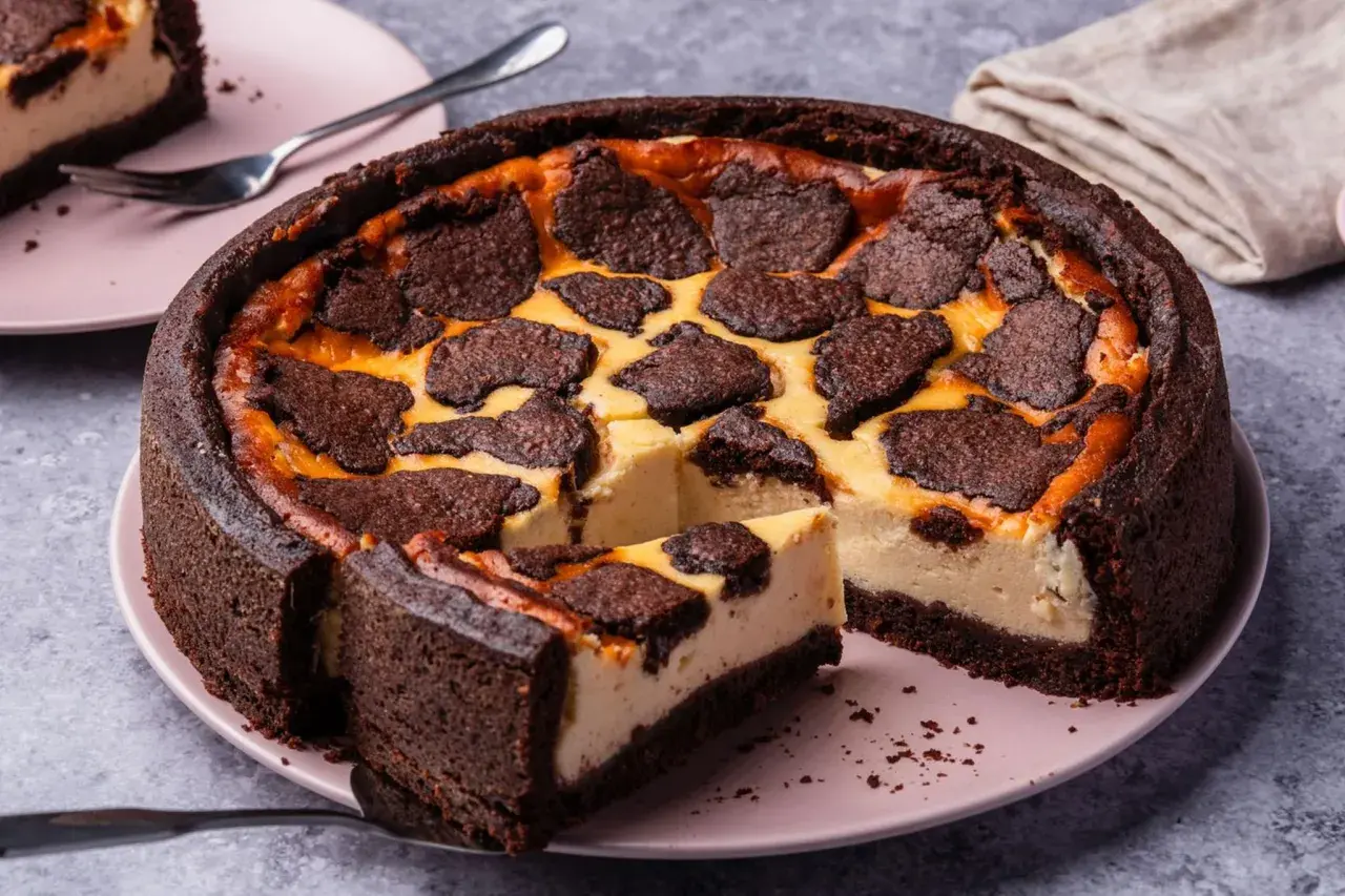 Ein saftiger russischer Zupfkuchen mit dunklem Schokoladenboden und cremiger Käsemasse, belegt mit zupfartigen Schokoladenstückchen.