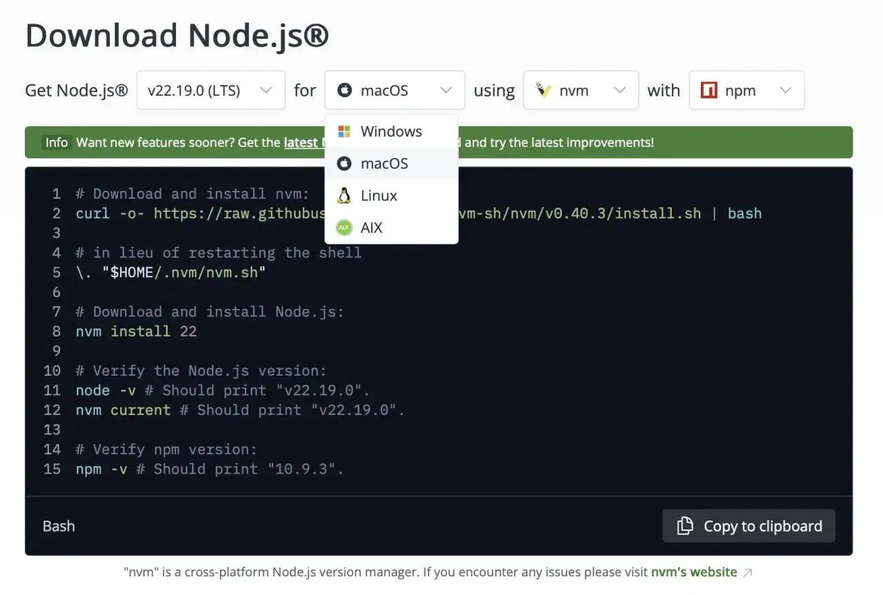 Interface de téléchargement de Node.js avec options pour macOS, Windows, Linux, AIX et un aperçu du code.
