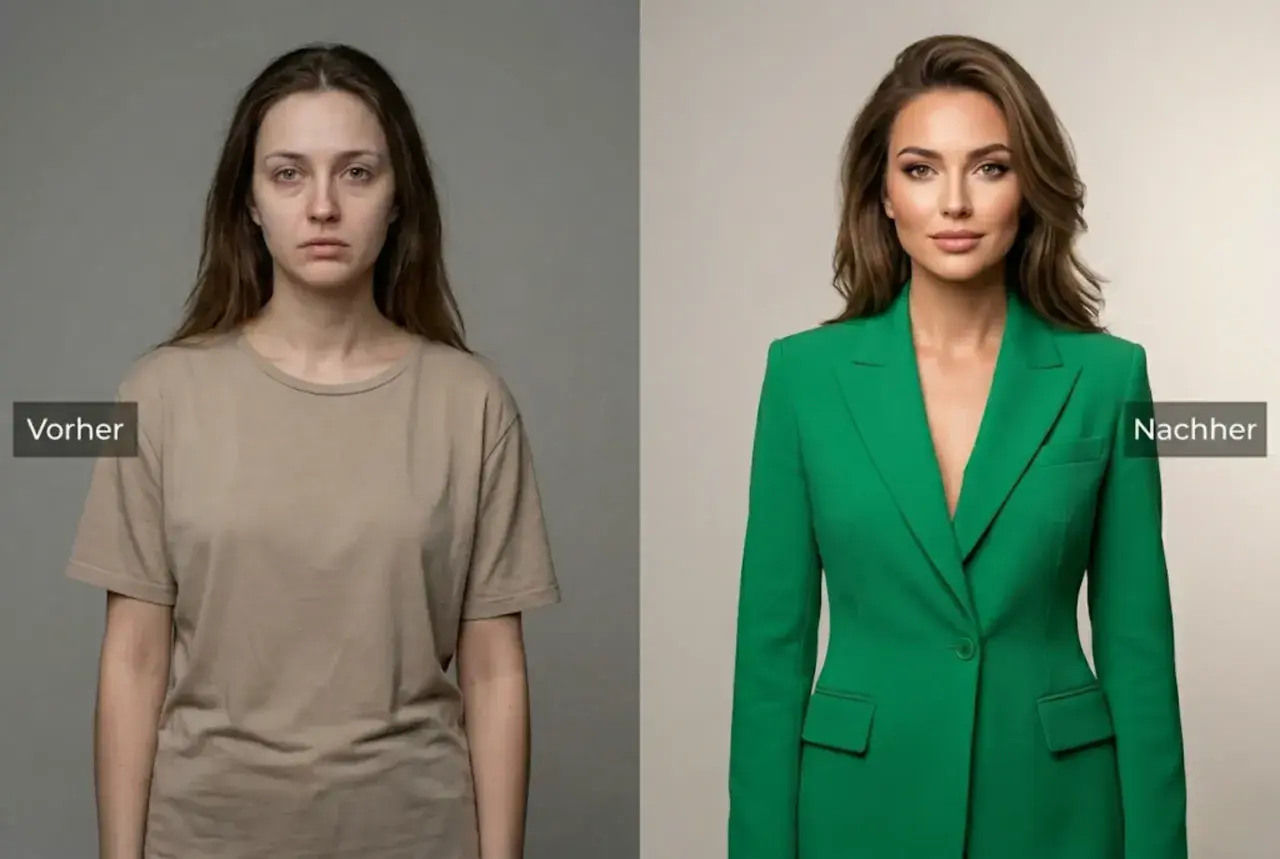Vorher/Nachher-Vergleich: Eine Frau in einem einfachen T-Shirt wird durch eine professionelle Typberatung Kleidung in einem eleganten grünen Blazer verwandelt.
