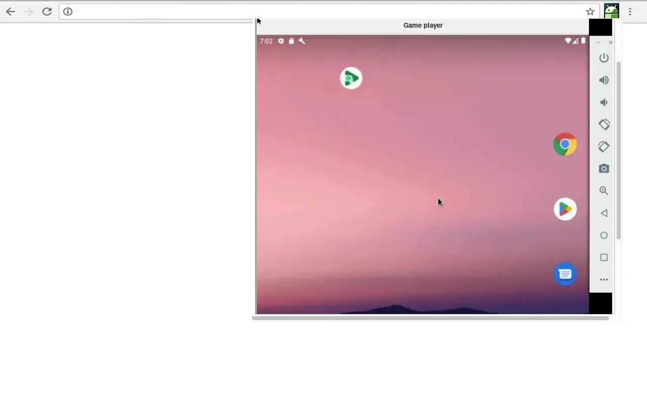 Ventana de navegador con un emulador Android online. Muestra la pantalla de inicio de un dispositivo Android con iconos de aplicaciones y un fondo de cielo rosado.