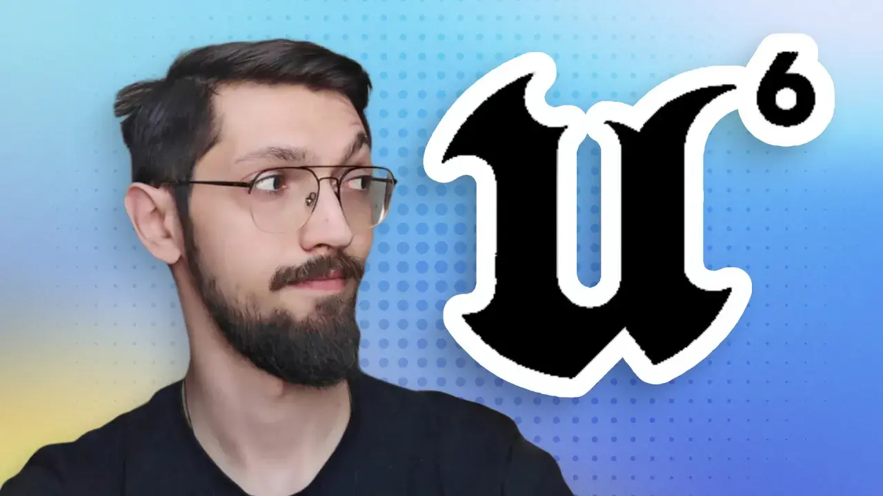Ein Mann mit Brille und Bart blickt nach rechts, neben ihm das Logo von Unreal Engine 6.